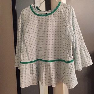 White Bell Sleeve Blouse with Green thread detail